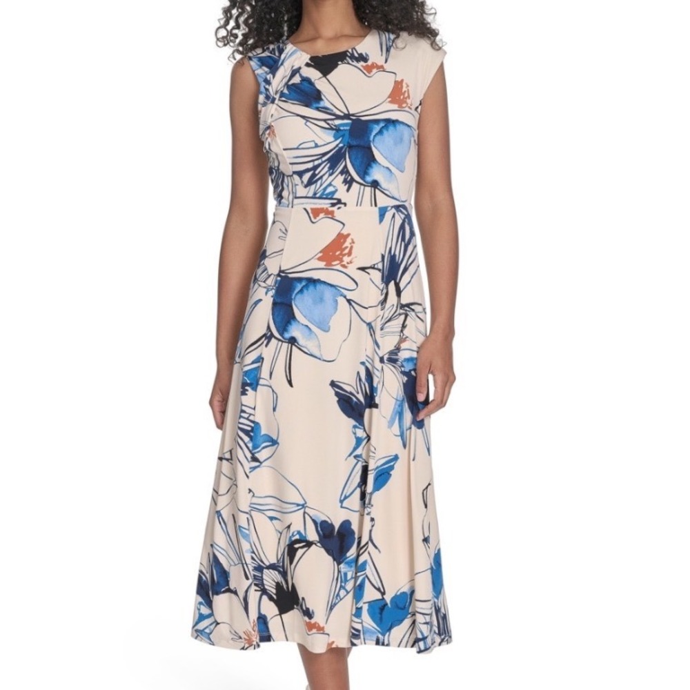 Calvin Klein Floral Midi Dress Women 14 NWOT Blue Orange A-Line MSRP $139